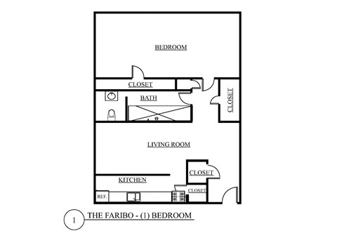 Floor plan for 1 bed, 1 bath, 605 sqft